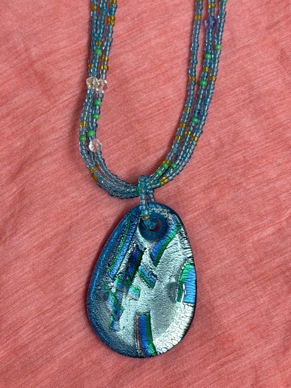Blue Glass Teardrop Pendant Necklace with Beaded Chain (NWOT)